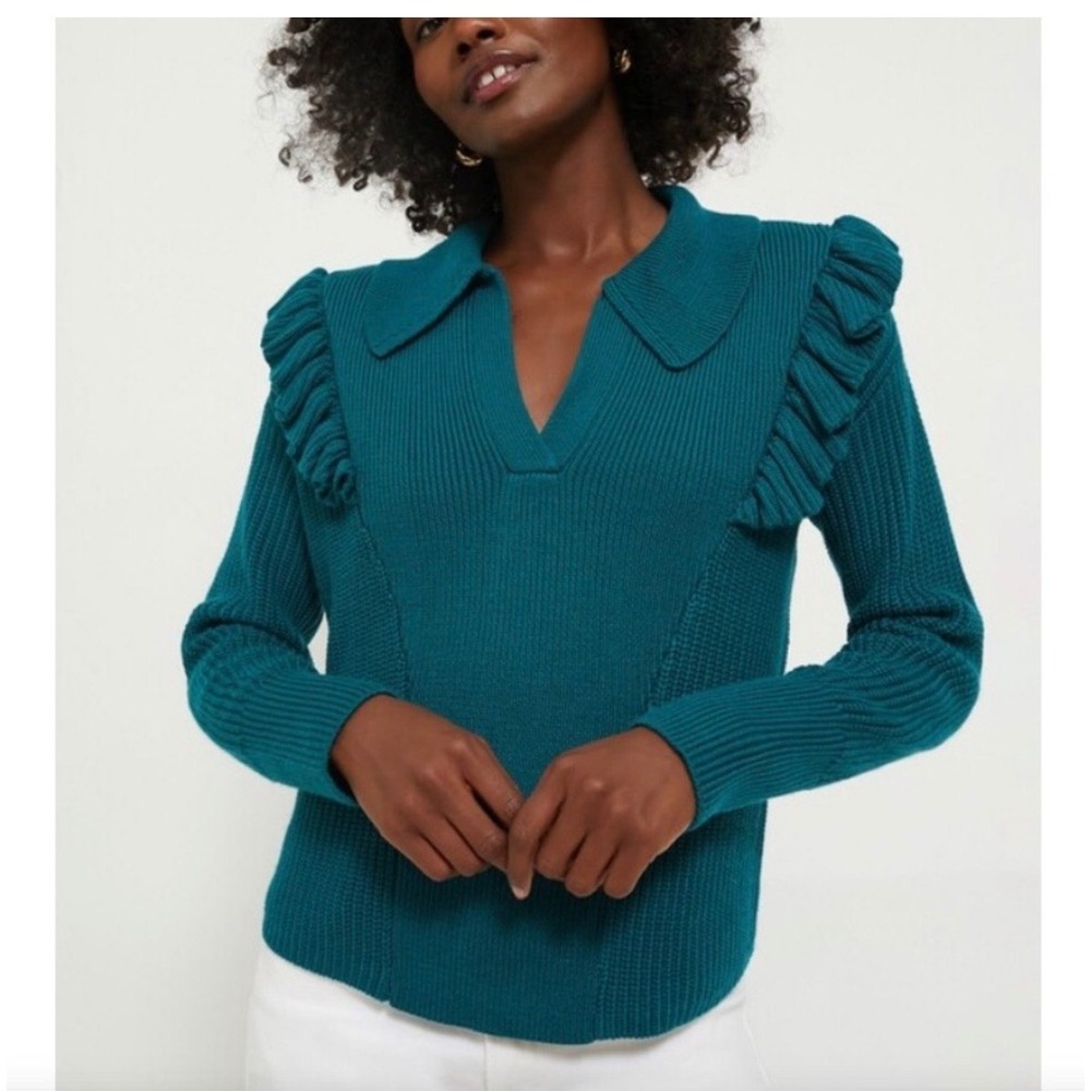 Hyacinth House Casey Teal Ruffled Collared V-Neck Knit Sweater S‎